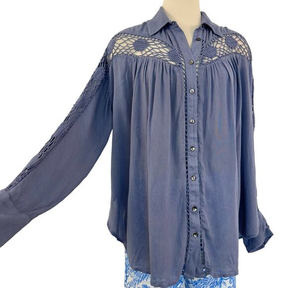 Free People Katie Bird Lace Insert Blouse Top Oversized Button-Up Periwinkle S - Picture 1 of 10